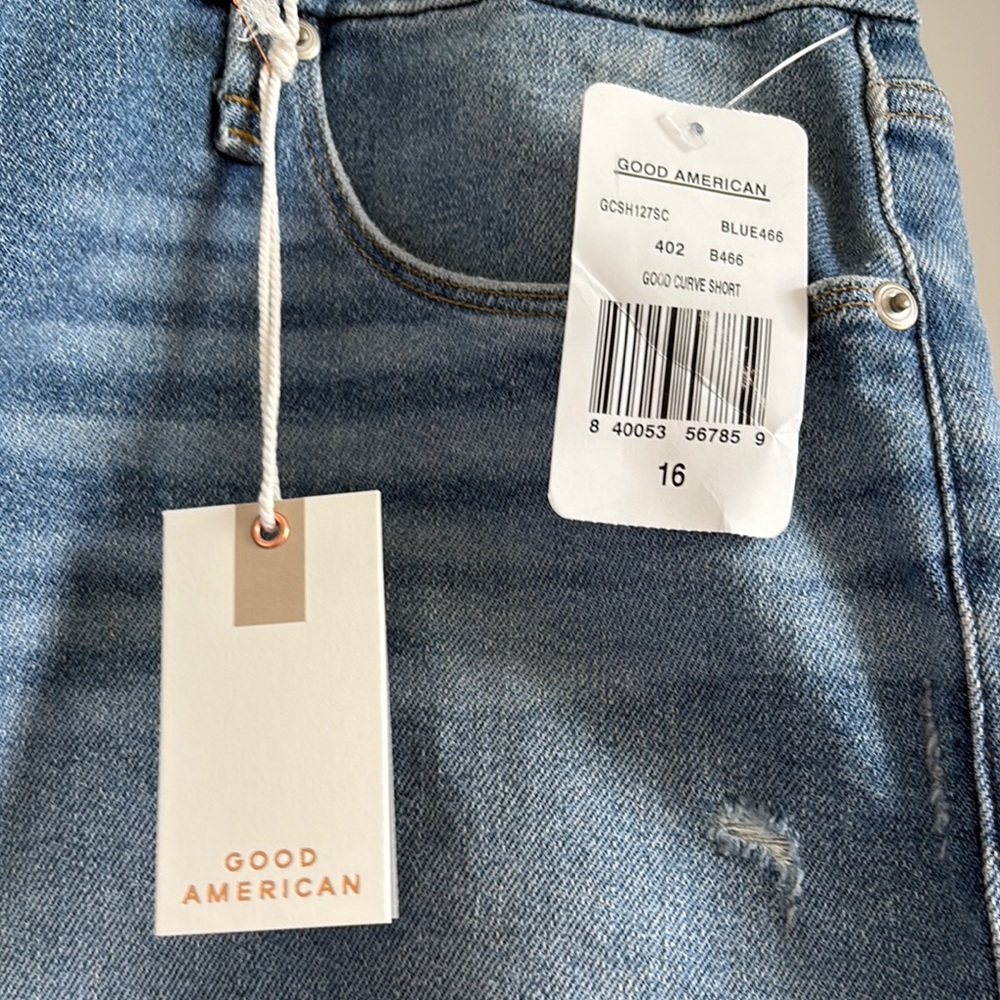 Good American Good Curve Shorts Blue Distressed High-Waisted - Picture 2 of 10